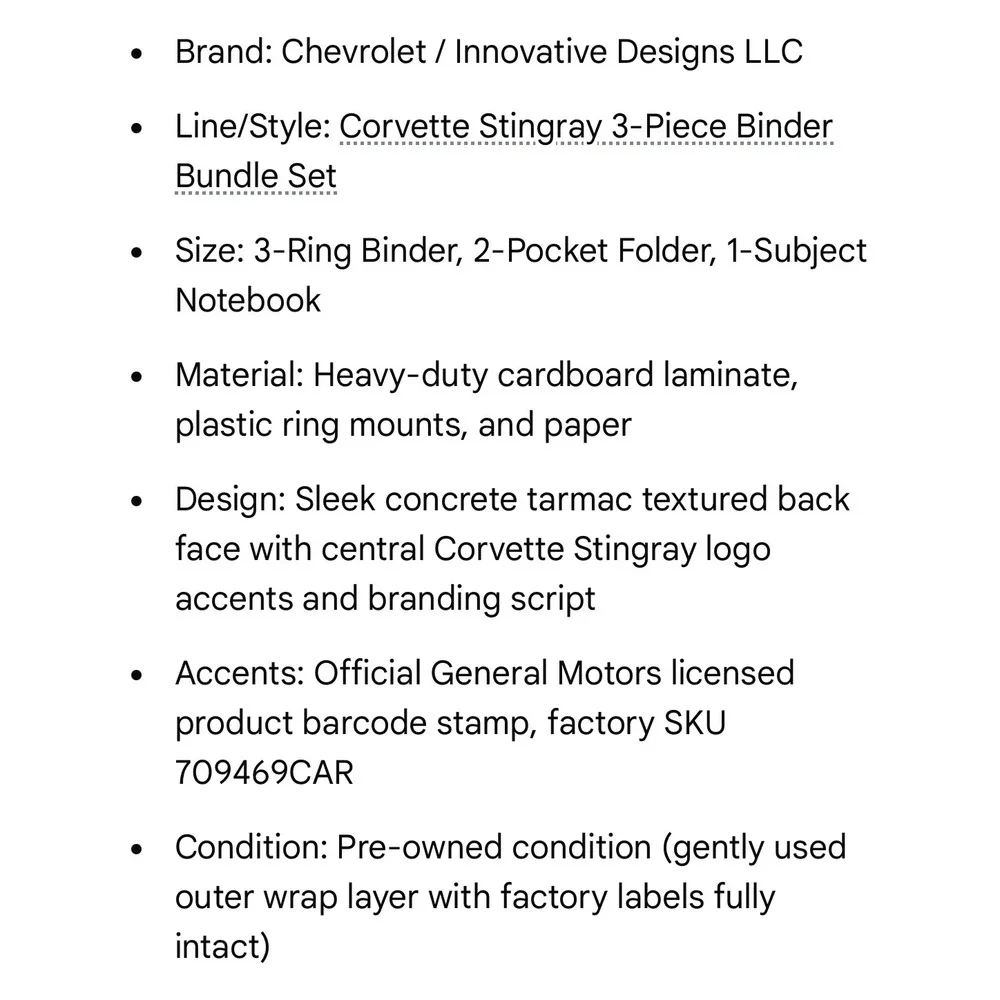 Corvette‎ Stingray Binder 3 Ring Chevrolet Chevy C7 School Notebook Folder